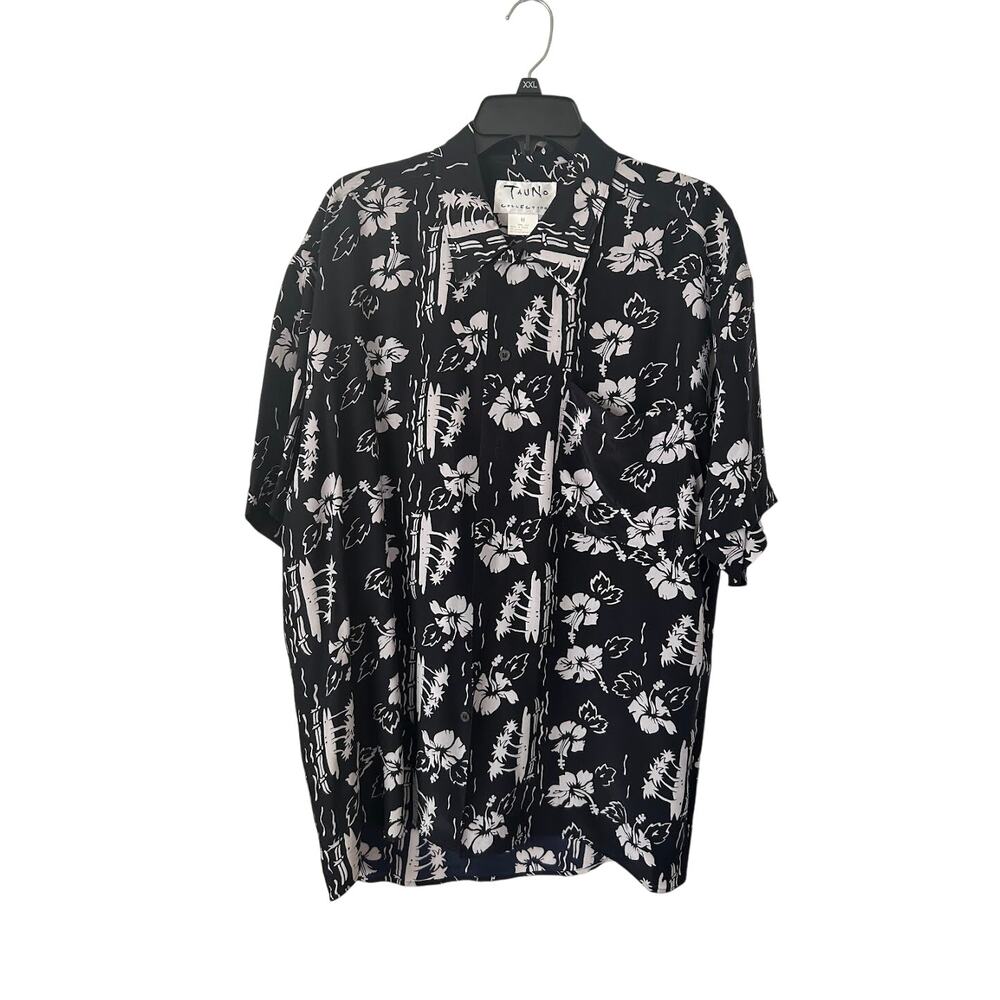 Tauno Collection Button Up Shirt Mens M Black Silk Floral Short Sleeve Hawaiian